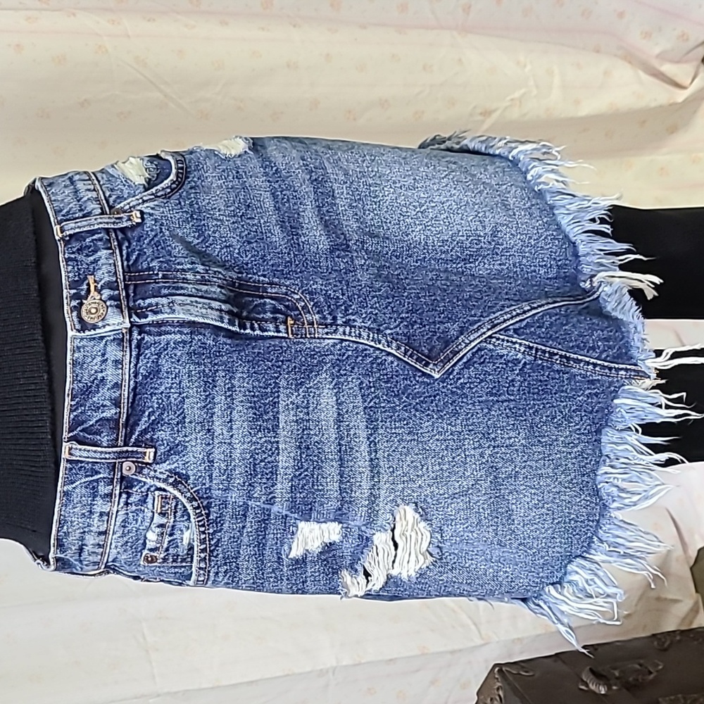 7 for all mankind      blue jean mini skirt